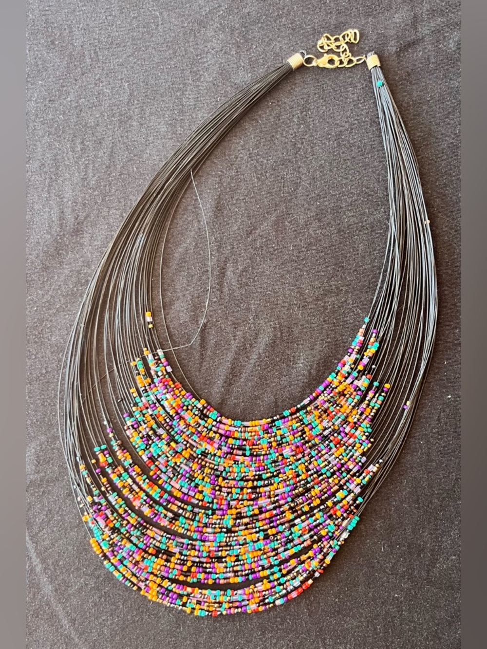 Multistrand Black Wire Necklace with Multicolor Seed Beads